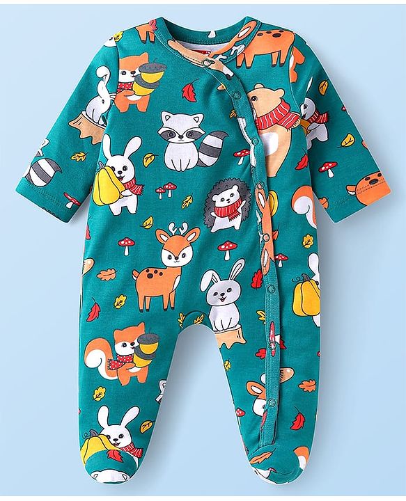 Babyhug Cotton Knit Full Sleeves Stripe & Animal Printed Footed Sleep Suits Pack of 2- Green & Red