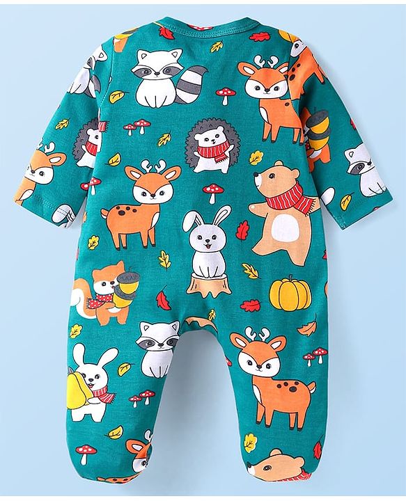Babyhug Cotton Knit Full Sleeves Stripe & Animal Printed Footed Sleep Suits Pack of 2- Green & Red