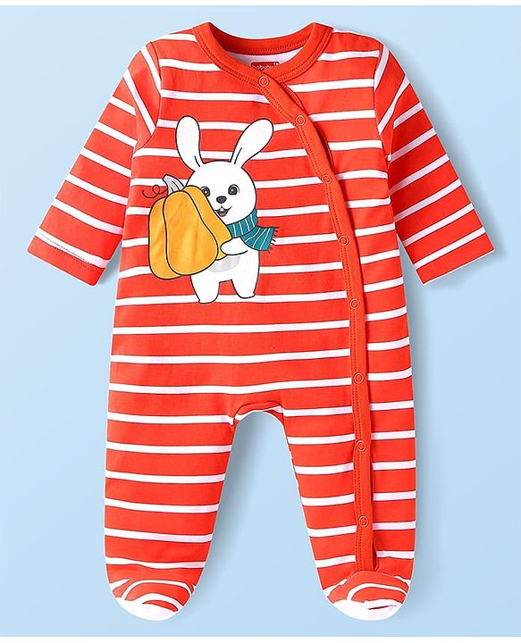 Babyhug Cotton Knit Full Sleeves Stripe & Animal Printed Footed Sleep Suits Pack of 2- Green & Red