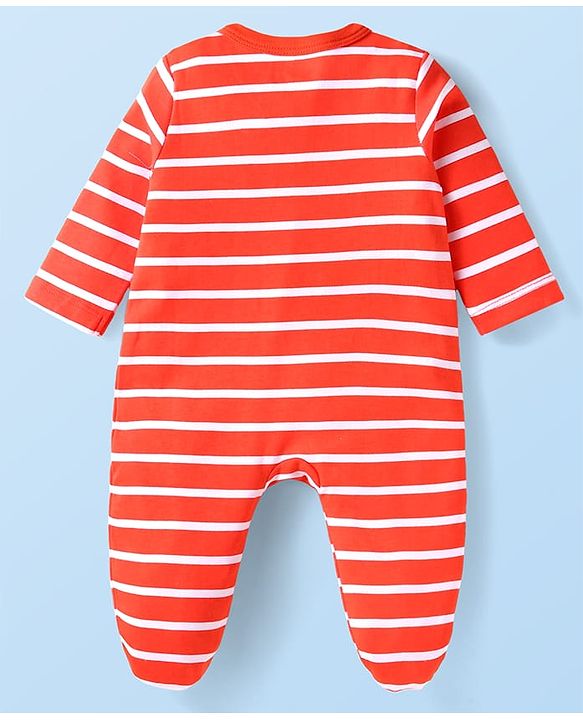 Babyhug Cotton Knit Full Sleeves Stripe & Animal Printed Footed Sleep Suits Pack of 2- Green & Red