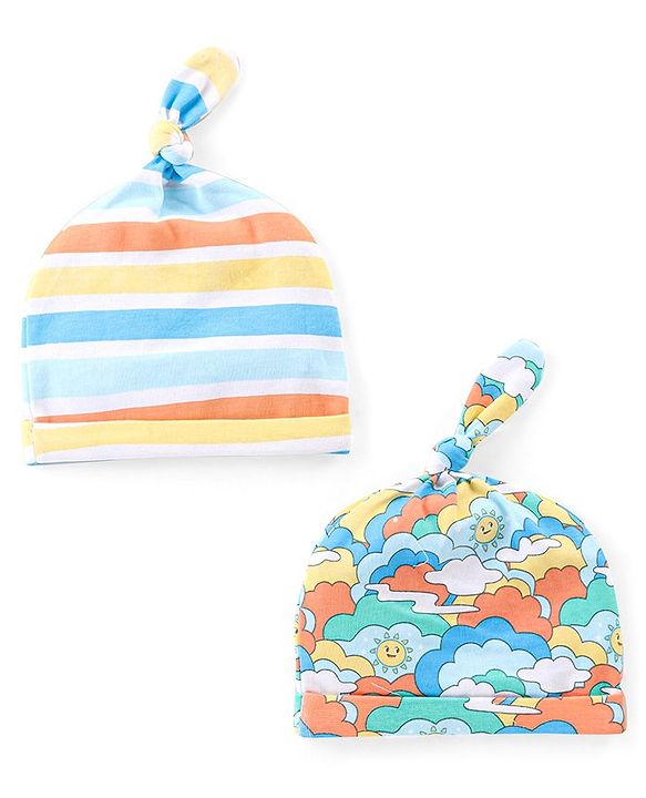 Babyhug 100% Cotton Interlock Knit Stripes & Clouds Printed Caps with Knot Detailing - Pack of 2 - Multicolour