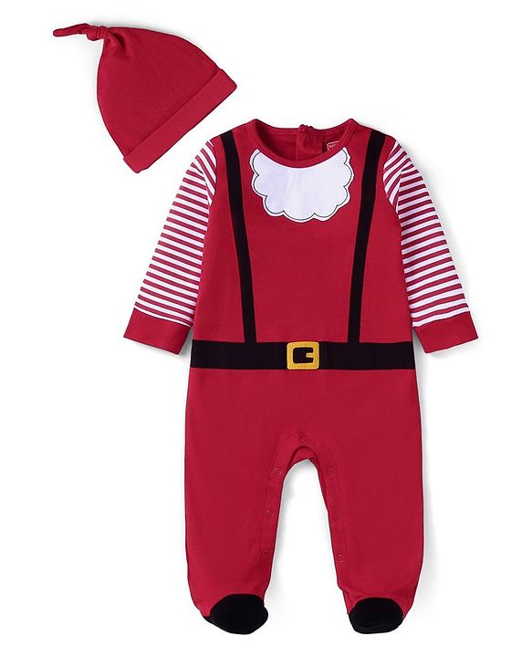 Babyhug Cotton Knit Full Sleeves Striped Sleepsuit With Cap - Red