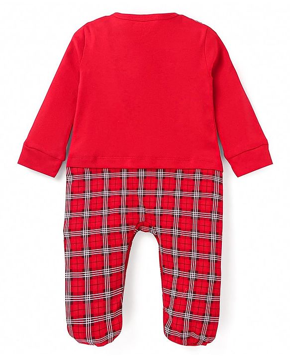 Babyhug Cotton Knit Full Sleeves Sleep Suit With Bow Applique & Santa Claus Patch - Red