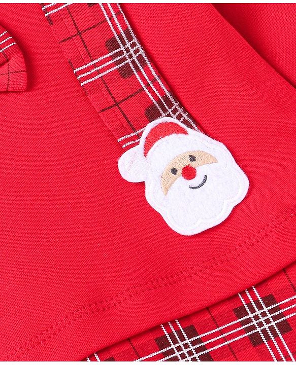 Babyhug Cotton Knit Full Sleeves Sleep Suit With Bow Applique & Santa Claus Patch - Red