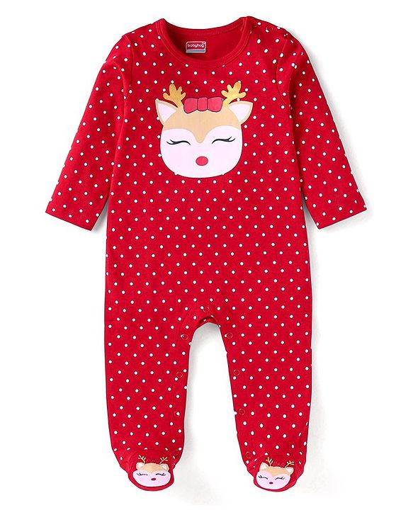 Babyhug Cotton Knit Full Sleeves Sleep Suit With Polka Dots & Deer Print - Red