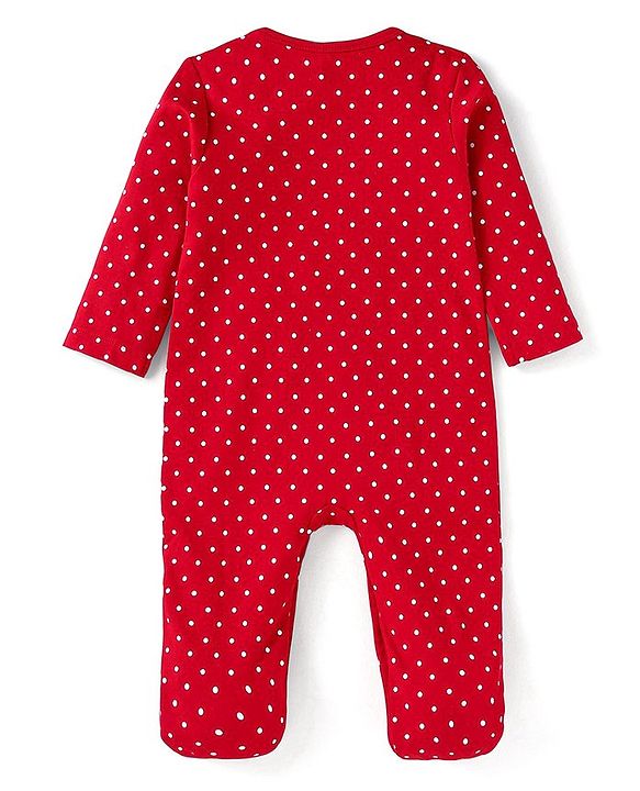 Babyhug Cotton Knit Full Sleeves Sleep Suit With Polka Dots & Deer Print - Red