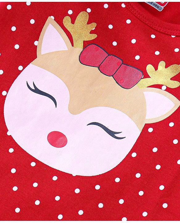 Babyhug Cotton Knit Full Sleeves Sleep Suit With Polka Dots & Deer Print - Red