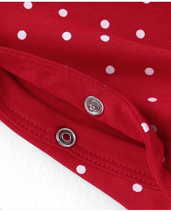 Babyhug Cotton Knit Full Sleeves Sleep Suit With Polka Dots & Deer Print - Red