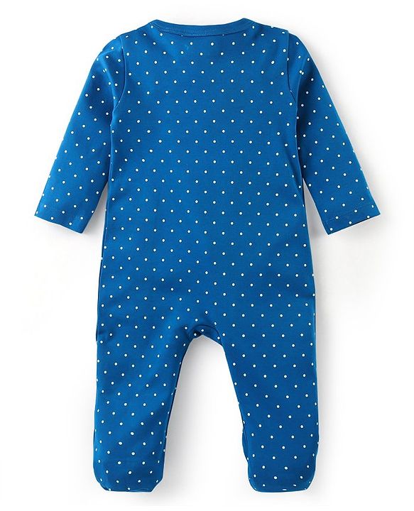 Babyhug Cotton Knit Full Sleeves Sleep Suit With Polka Dots & Text Print - Blue