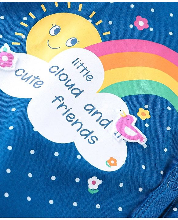Babyhug Cotton Knit Full Sleeves Sleep Suit With Polka Dots & Text Print - Blue