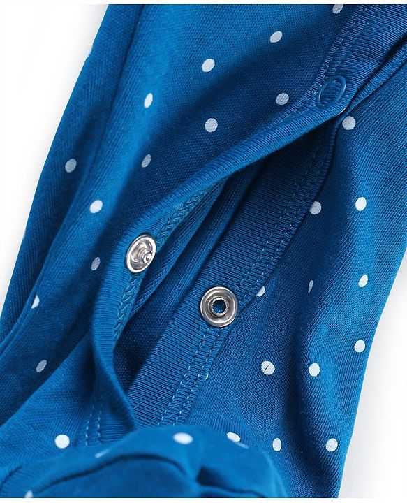 Babyhug Cotton Knit Full Sleeves Sleep Suit With Polka Dots & Text Print - Blue