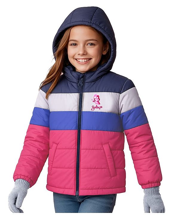 Pine Kids Woven Full Sleeves Front Open Padded Hooded Jacket With Colour Block Design & Butterfly Embroidery - Pink