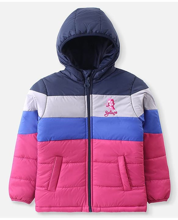 Pine Kids Woven Full Sleeves Front Open Padded Hooded Jacket With Colour Block Design & Butterfly Embroidery - Pink