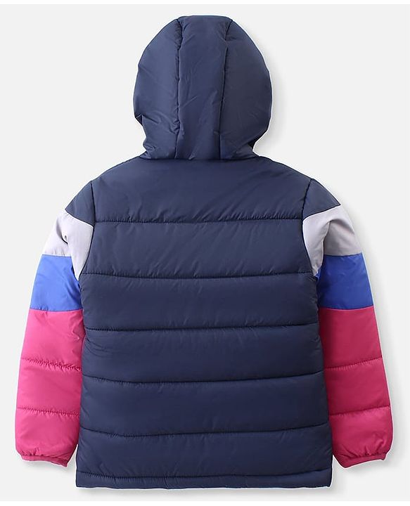 Pine Kids Woven Full Sleeves Front Open Padded Hooded Jacket With Colour Block Design & Butterfly Embroidery - Pink