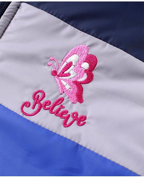 Pine Kids Woven Full Sleeves Front Open Padded Hooded Jacket With Colour Block Design & Butterfly Embroidery - Pink