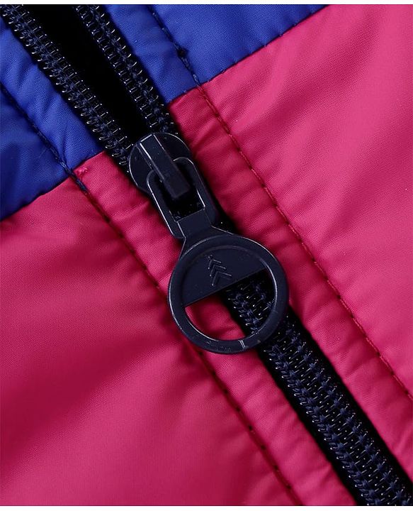 Pine Kids Woven Full Sleeves Front Open Padded Hooded Jacket With Colour Block Design & Butterfly Embroidery - Pink