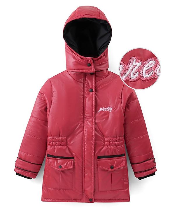 Pine Kids Woven Full Sleeves Padded Hooded Jacket with Quilted Design & Text Patch Detailing - Red