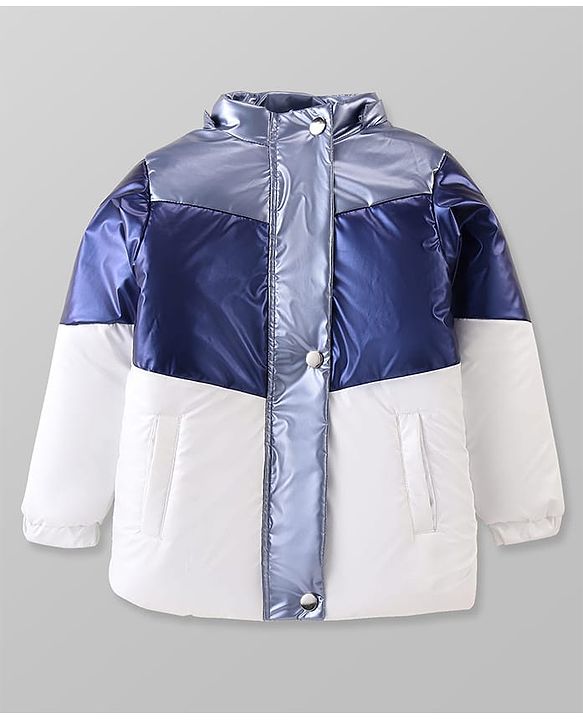 Pine Kids Woven Full Sleeves Padded Jacket with Detachable Hood - Navy Blue & White