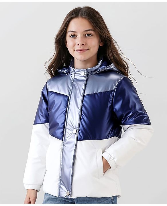Pine Kids Woven Full Sleeves Padded Jacket with Detachable Hood - Navy Blue & White