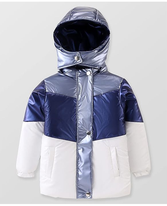 Pine Kids Woven Full Sleeves Padded Jacket with Detachable Hood - Navy Blue & White