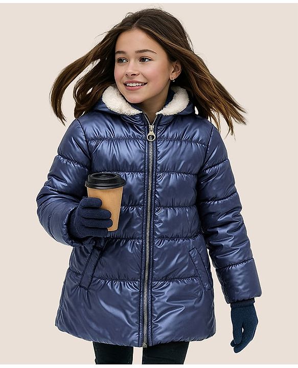 Pine Kids Woven Full Sleeves Padded Quilted Jacket with Fur Detailing At Collar - Blue