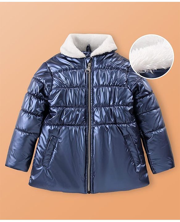 Pine Kids Woven Full Sleeves Padded Quilted Jacket with Fur Detailing At Collar - Blue