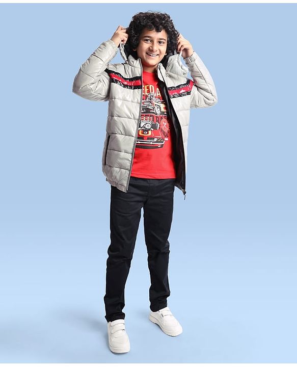 Pine Kids Woven Full Sleeves Padded Winter Jacket with Detachable Hood & Pockets - Light Grey