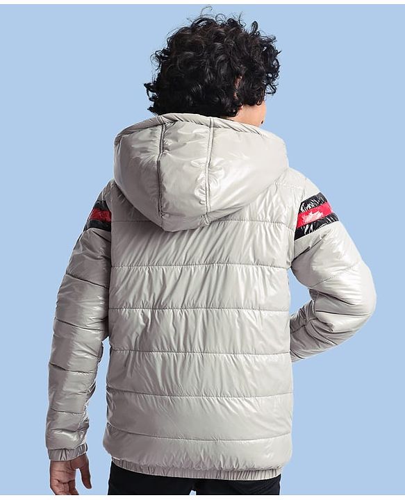 Pine Kids Woven Full Sleeves Padded Winter Jacket with Detachable Hood & Pockets - Light Grey
