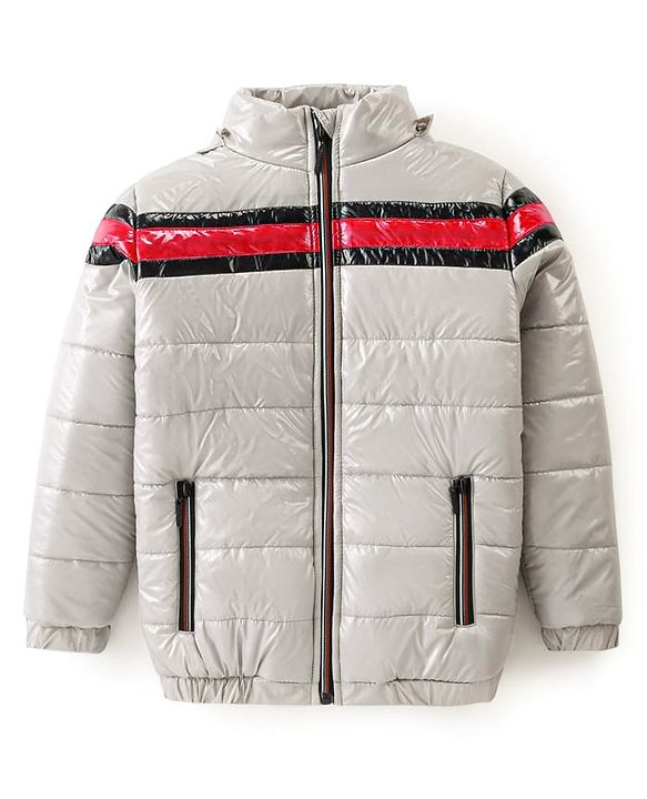 Pine Kids Woven Full Sleeves Padded Winter Jacket with Detachable Hood & Pockets - Light Grey