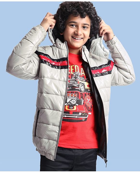 Pine Kids Woven Full Sleeves Padded Winter Jacket with Detachable Hood & Pockets - Light Grey