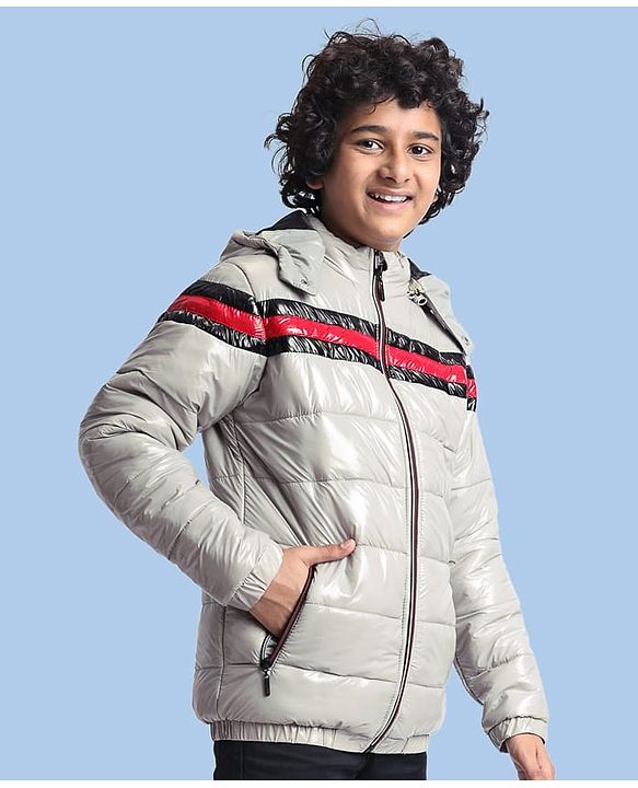 Pine Kids Woven Full Sleeves Padded Winter Jacket with Detachable Hood & Pockets - Light Grey