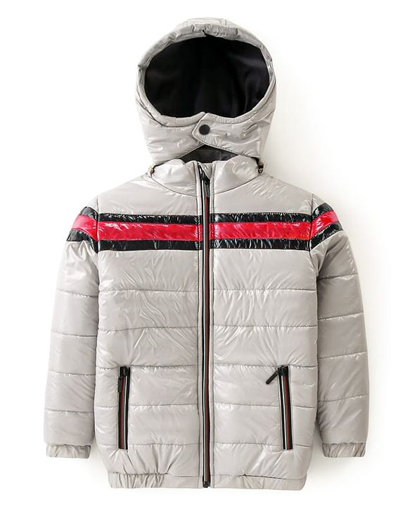 Pine Kids Woven Full Sleeves Padded Winter Jacket with Detachable Hood & Pockets - Light Grey
