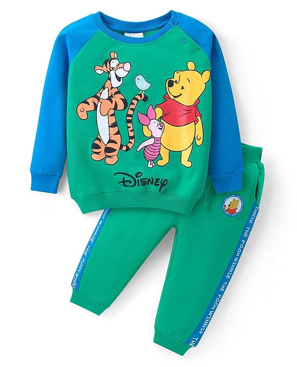 Babyhug Disney Raglan Sleeves T-Shirt & Lounge Pants Set With Winnie The Pooh Graphics - Green & Blue