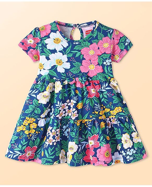 Babyhug Single Jersey Knit Half Sleeves Frock with Floral Print & Bow Applique - Royal Blue