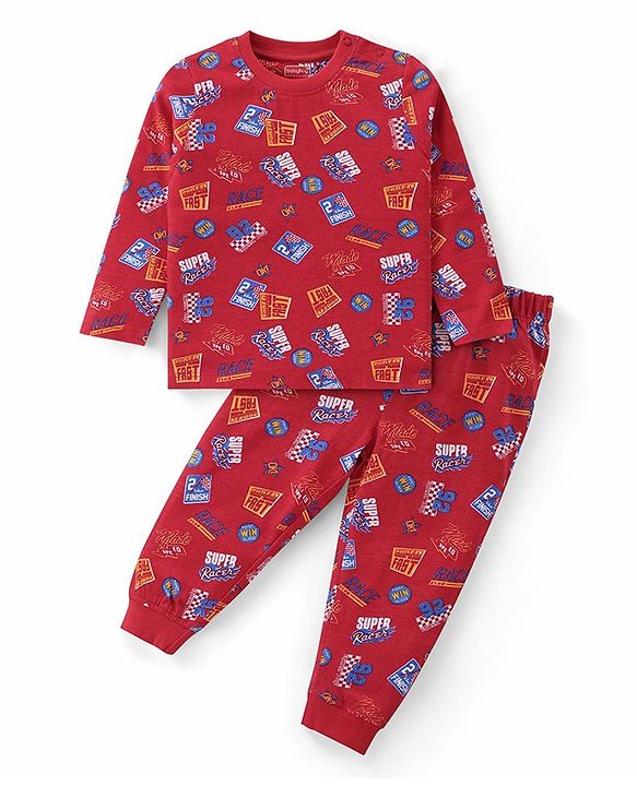 Babyhug Cotton Knit Full Sleeves Night Suit With Text Print - Red