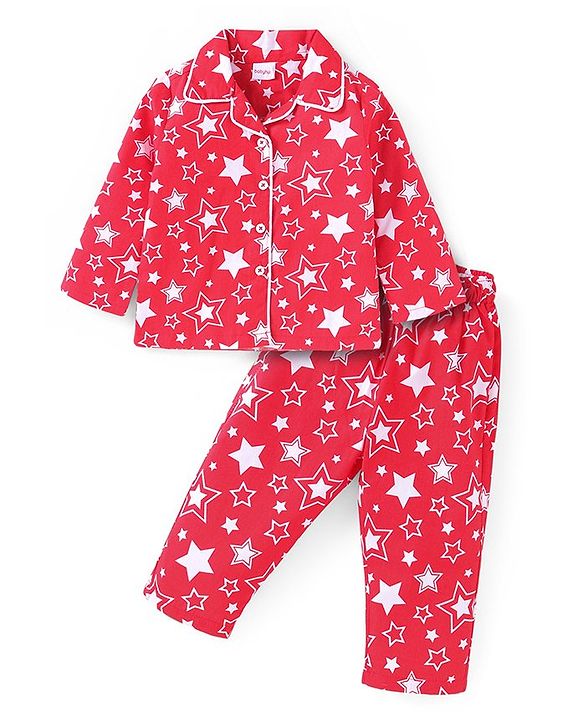 Babyhug Cotton Woven Full Sleeves Front Open Collared Night Suit Star Print - Red