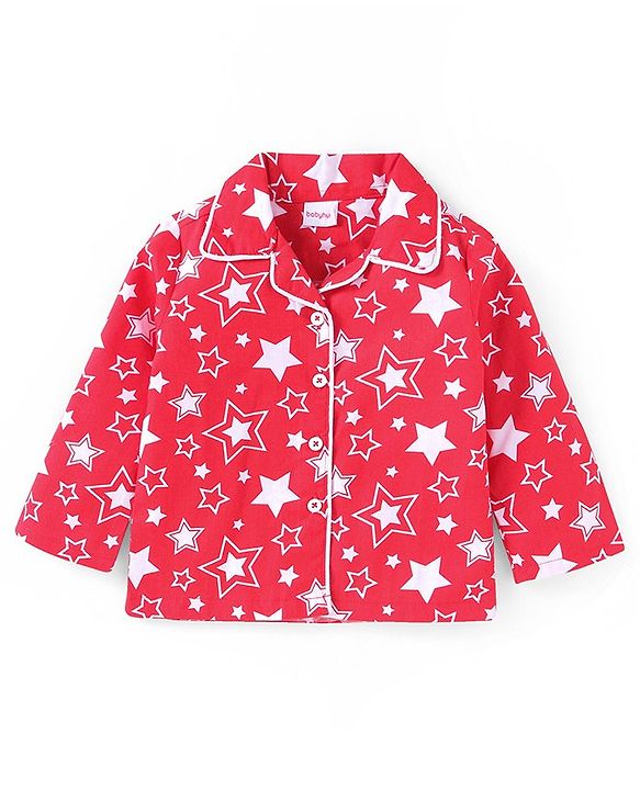 Babyhug Cotton Woven Full Sleeves Front Open Collared Night Suit Star Print - Red