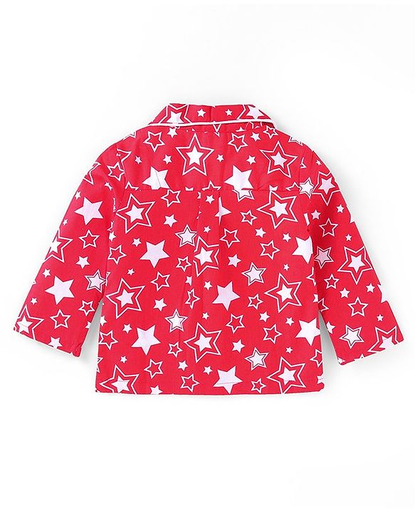 Babyhug Cotton Woven Full Sleeves Front Open Collared Night Suit Star Print - Red