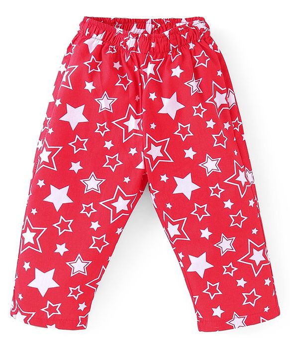 Babyhug Cotton Woven Full Sleeves Front Open Collared Night Suit Star Print - Red