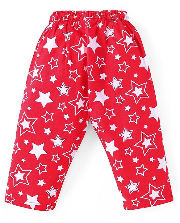 Babyhug Cotton Woven Full Sleeves Front Open Collared Night Suit Star Print - Red