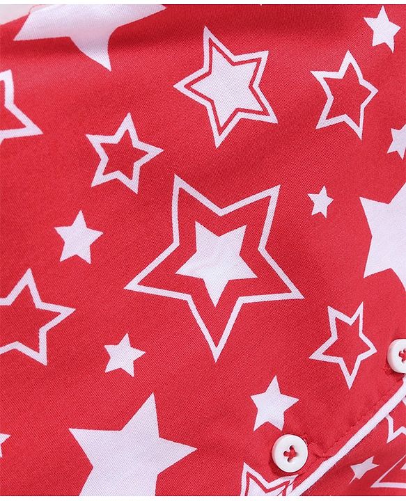 Babyhug Cotton Woven Full Sleeves Front Open Collared Night Suit Star Print - Red