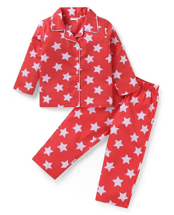 Babyhug Cotton Woven Full Sleeves Star Printed Night Suit - Red