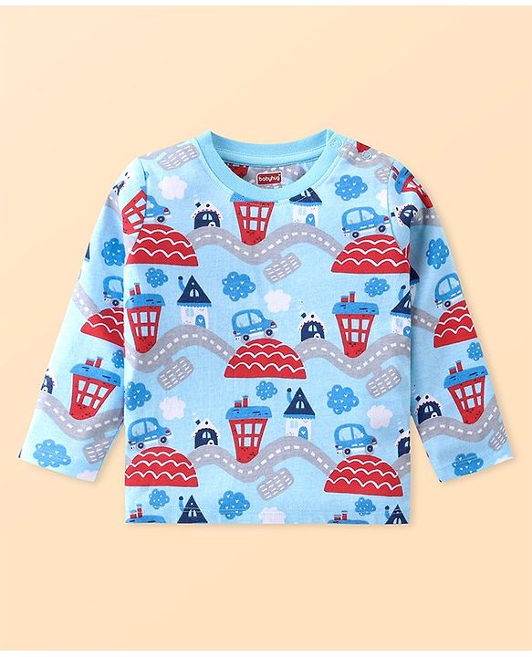 Babyhug Cotton Knit Full Sleeves Night Suit Set with Vehicle Print - Light Blue
