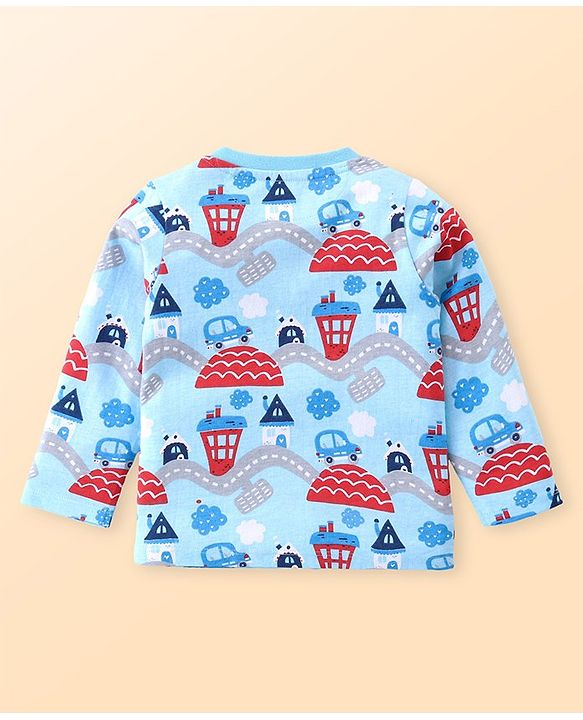 Babyhug Cotton Knit Full Sleeves Night Suit Set with Vehicle Print - Light Blue