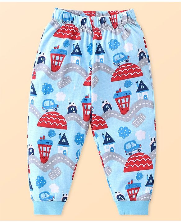 Babyhug Cotton Knit Full Sleeves Night Suit Set with Vehicle Print - Light Blue