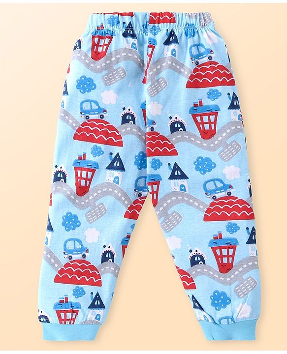 Babyhug Cotton Knit Full Sleeves Night Suit Set with Vehicle Print - Light Blue