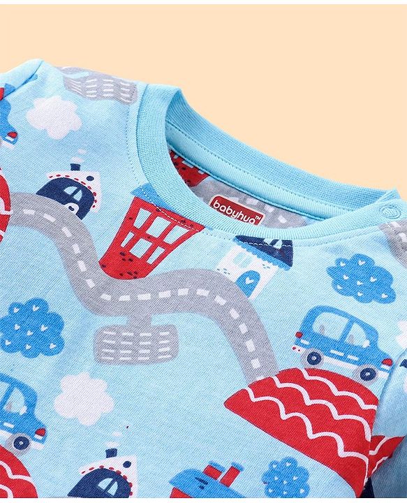 Babyhug Cotton Knit Full Sleeves Night Suit Set with Vehicle Print - Light Blue