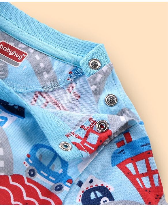 Babyhug Cotton Knit Full Sleeves Night Suit Set with Vehicle Print - Light Blue
