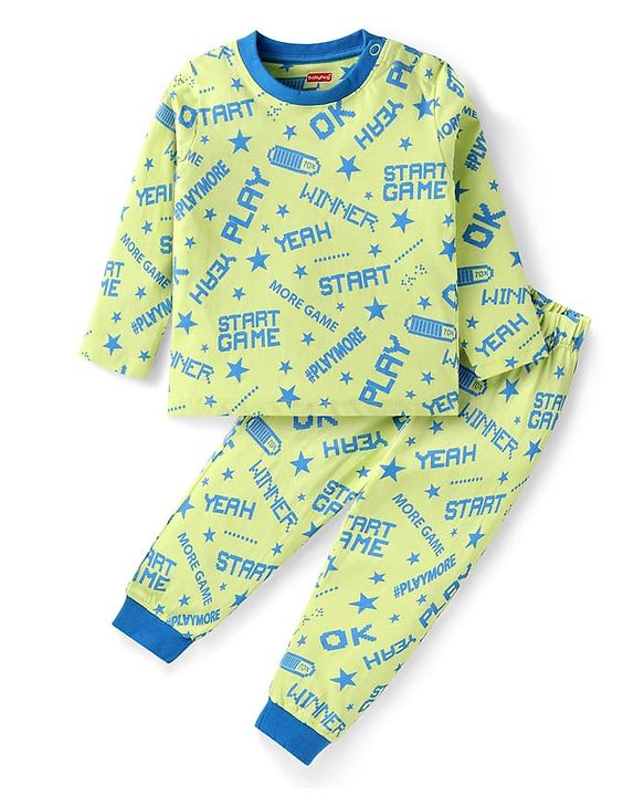 Babyhug Cotton Knit Full Sleeves Text Printed Night Suit - Neon Green