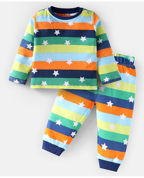 Babyhug Cotton Knit Full Sleeves Night Suit with Stripes & Star Print - Green